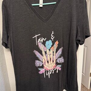 Black Graphic Tee with Skeleton and Feathers